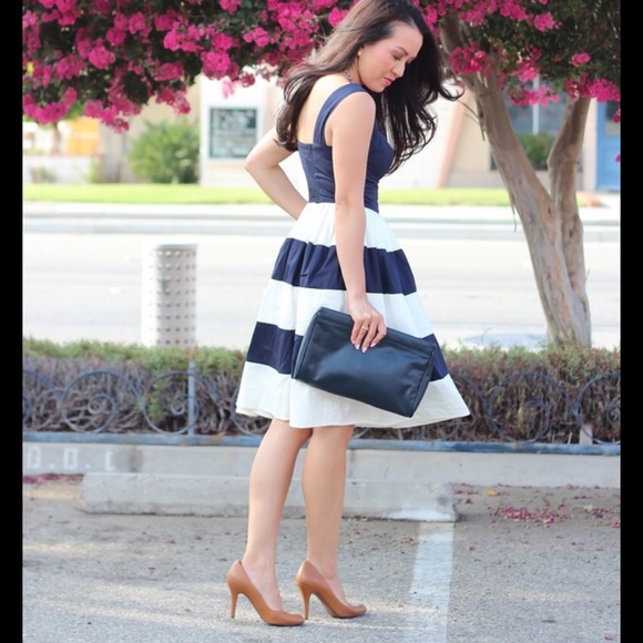 New Eshakti Blue Striped Fit & Flare Dress Size 6 - Picture 3 of 3